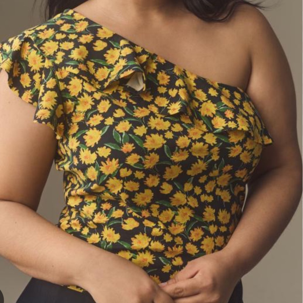 Anthropologie Maeve One Shoulder Ruffled Top Yellow Black Floral NEW Size XL